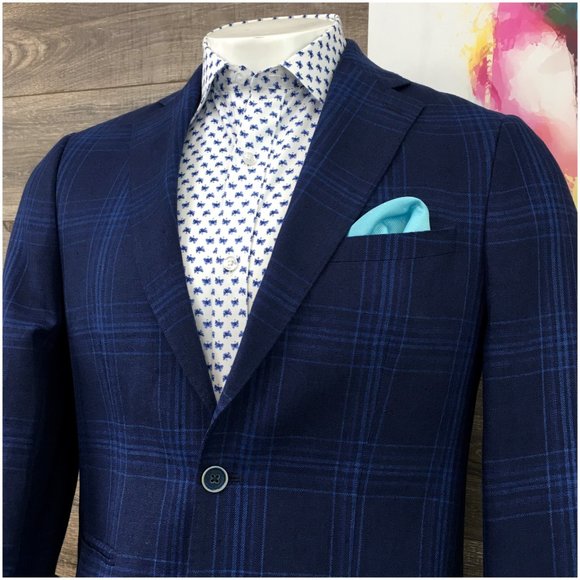 TALLIA Mens Blazer Sport Coat Two Button Casual‎ Jacket Size 38L Linen Blue Suit - Picture 2 of 13